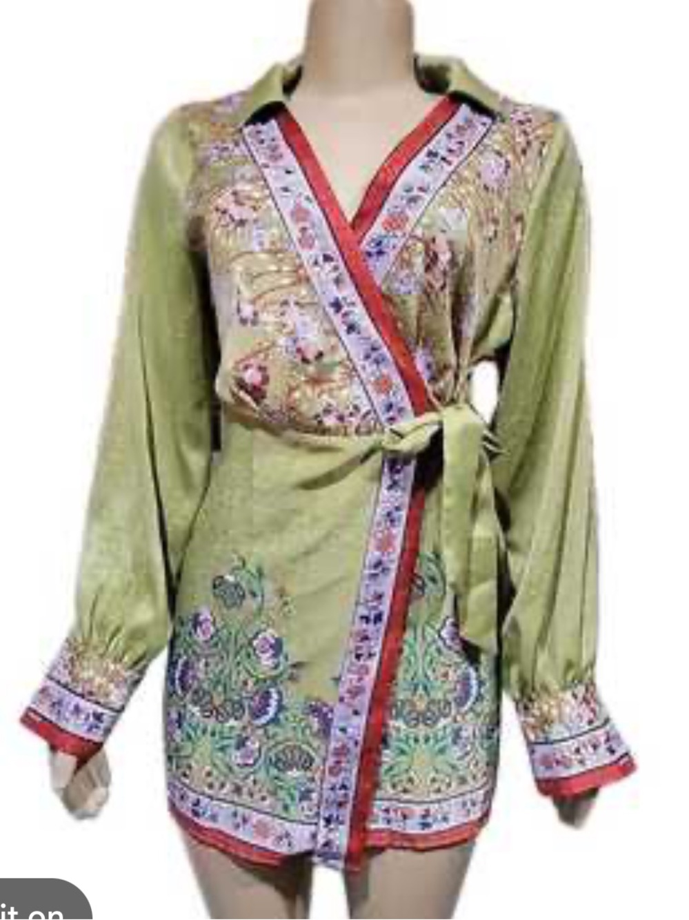 Urban Outfitters Green Embroidered Wrap Mini Dress